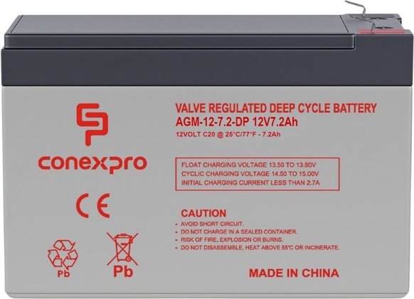 Conexpro baterie AGM 12V, 7,2Ah, životnost 10 let, Faston 6,3mm, Deep cycle