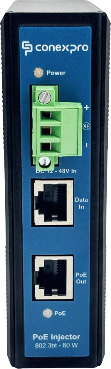 Conexpro Gigabitový PoE injektor na DIN lištu, vstup 12-48V DC, 802.3af/at/bt, 60W
